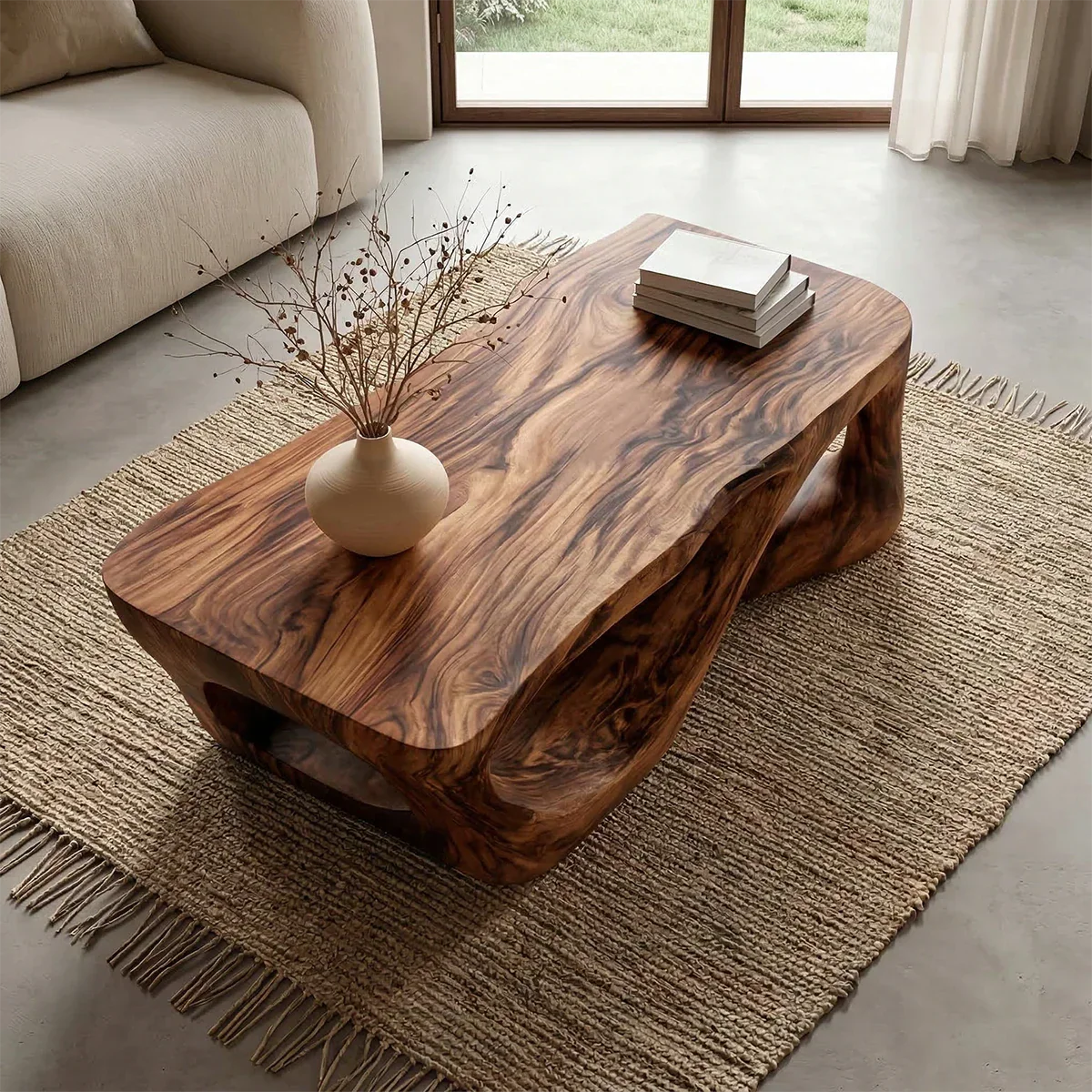 Sculpted Natural Solid Wood Coffee Table with Organic Carved Base - Rustirawood