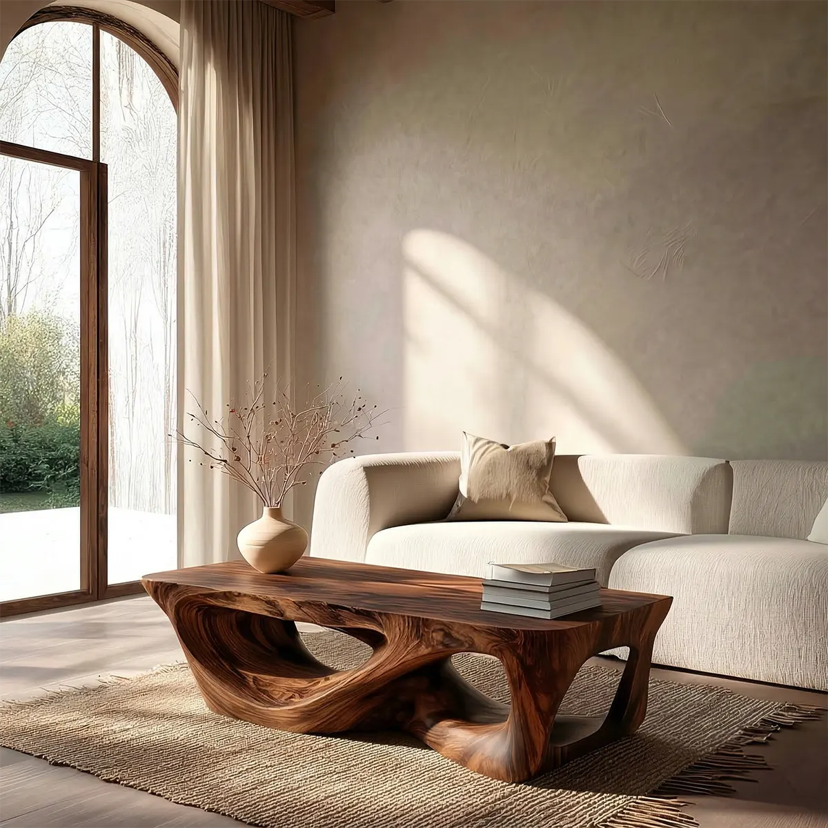 Sculpted Natural Solid Wood Coffee Table with Organic Carved Base - Rustirawood
