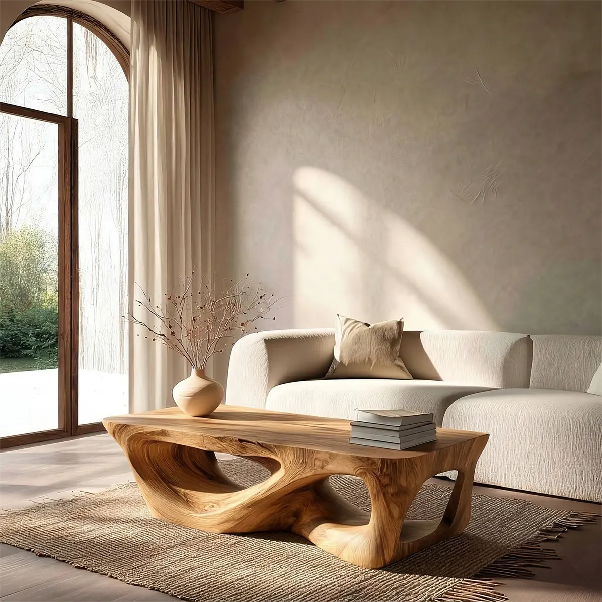 Sculpted Natural Solid Wood Coffee Table with Organic Carved Base - Rustirawood
