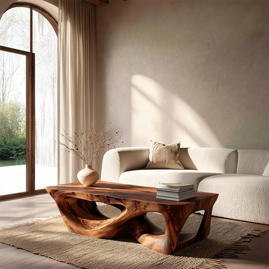 Sculpted Natural Solid Wood Coffee Table with Organic Carved Base - Woodenecho