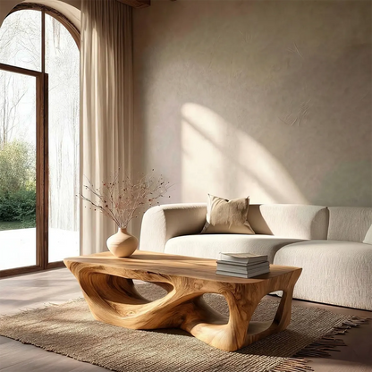 Sculpted Natural Solid Wood Coffee Table with Organic Carved Base - Woodenecho
