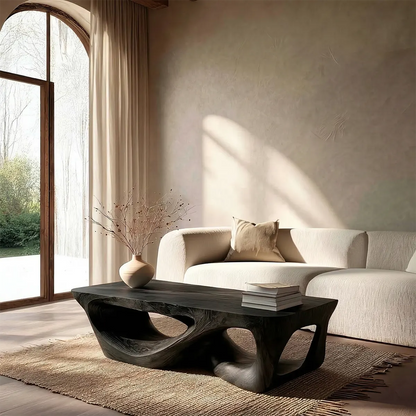 Sculpted Natural Solid Wood Coffee Table with Organic Carved Base - Woodenecho
