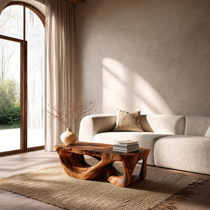 Sculpted Natural Solid Wood Coffee Table with Organic Carved Base - Woodenecho