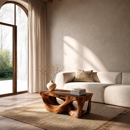 Sculpted Natural Solid Wood Coffee Table with Organic Carved Base - Woodenecho