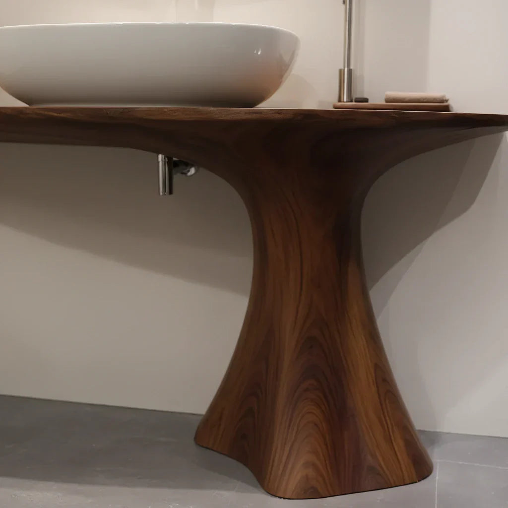 Sculpted Solid Wood Bathroom Vanity With Modern Curved Base - Rustirawood