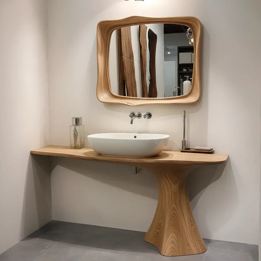 Sculpted Solid Wood Bathroom Vanity With Modern Curved Base - Rustirawood