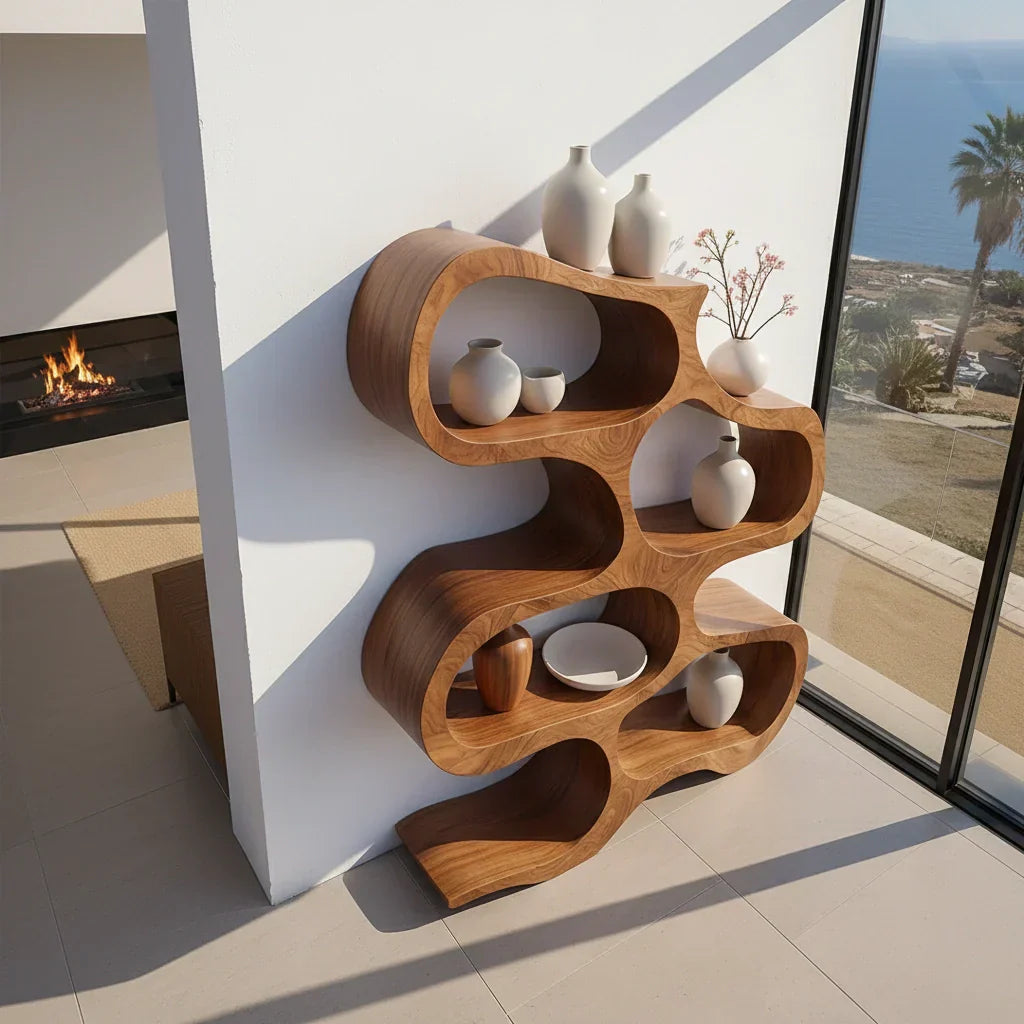 Sculpted Solid Wood Bookshelf – Flowing Wave Edition - Rustirawood