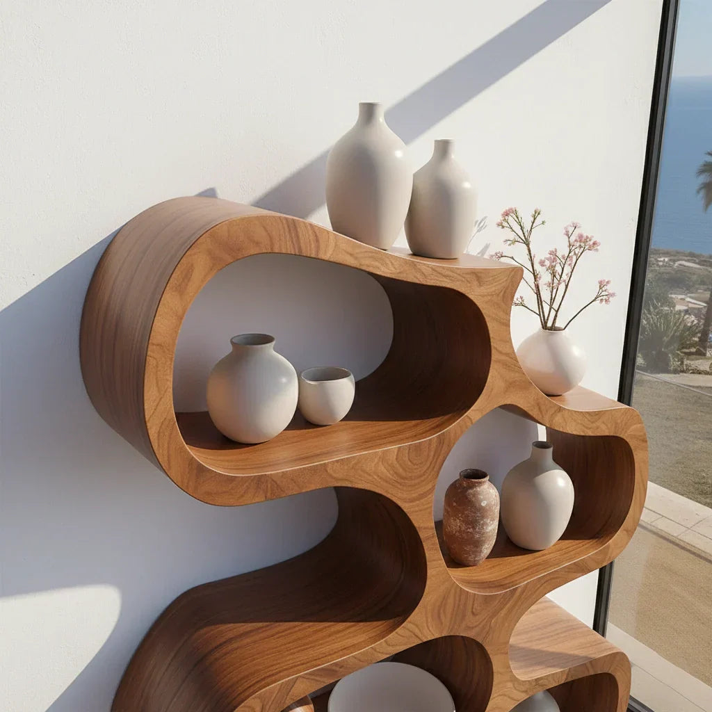 Sculpted Solid Wood Bookshelf – Flowing Wave Edition - Rustirawood