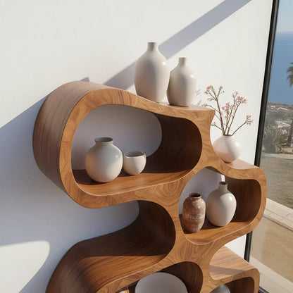 Sculpted Solid Wood Bookshelf – Flowing Wave Edition - Rustirawood