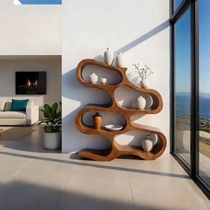 Sculpted Solid Wood Bookshelf – Flowing Wave Edition - Rustirawood
