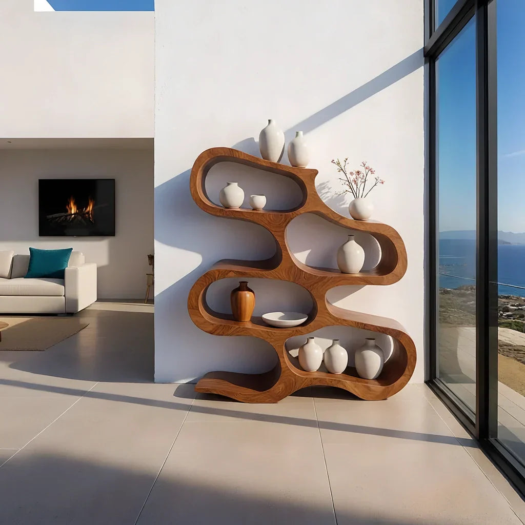 Sculpted Solid Wood Bookshelf – Flowing Wave Edition - Rustirawood