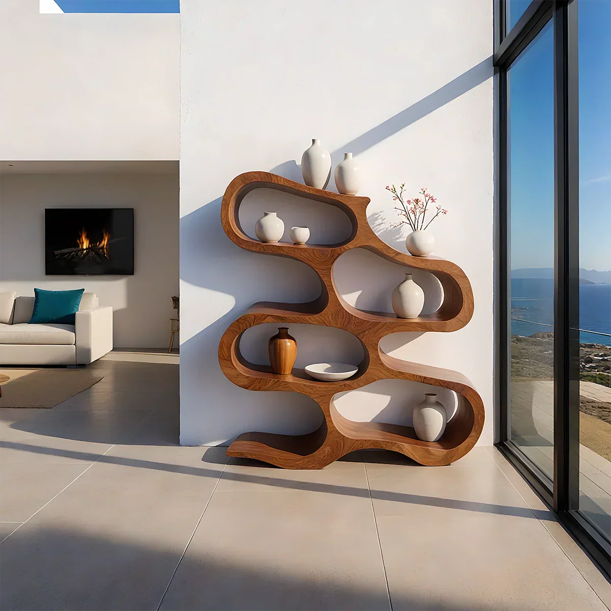 Sculpted Solid Wood Bookshelf – Flowing Wave Edition - Rustirawood