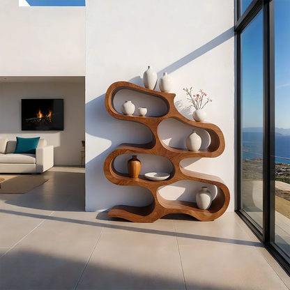 Sculpted Solid Wood Bookshelf – Flowing Wave Edition - Rustirawood