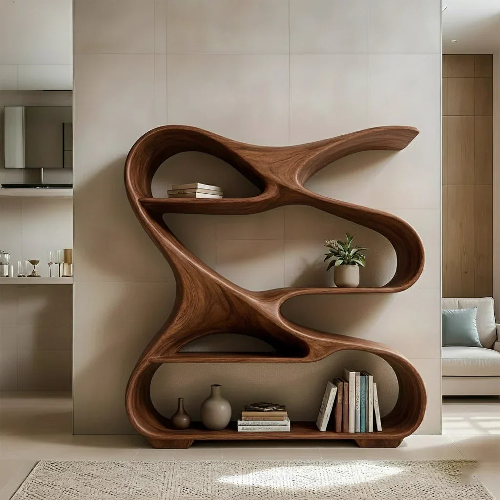 Sculpted Solid Wood Bookshelf – Rustic Flow Edition - Rustirawood