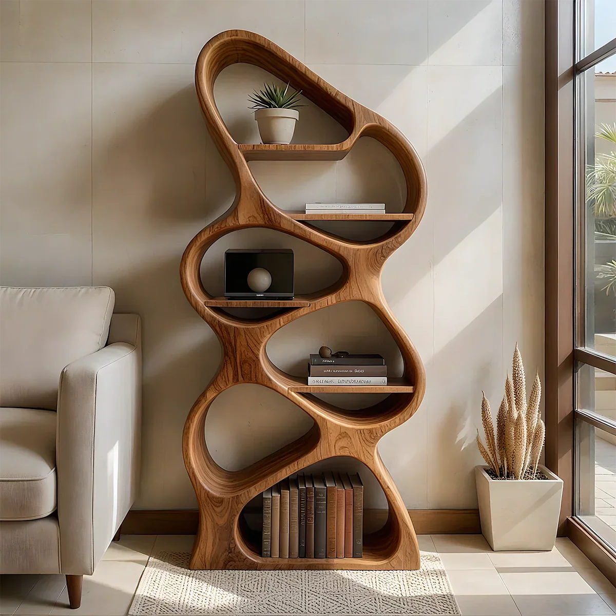 Sculpted Solid Wood Bookshelf – Vertical Organic Form - Rustirawood