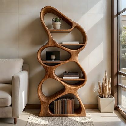 Sculpted Solid Wood Bookshelf – Vertical Organic Form - Rustirawood