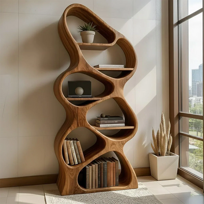 Sculpted Solid Wood Bookshelf – Vertical Organic Form - Rustirawood
