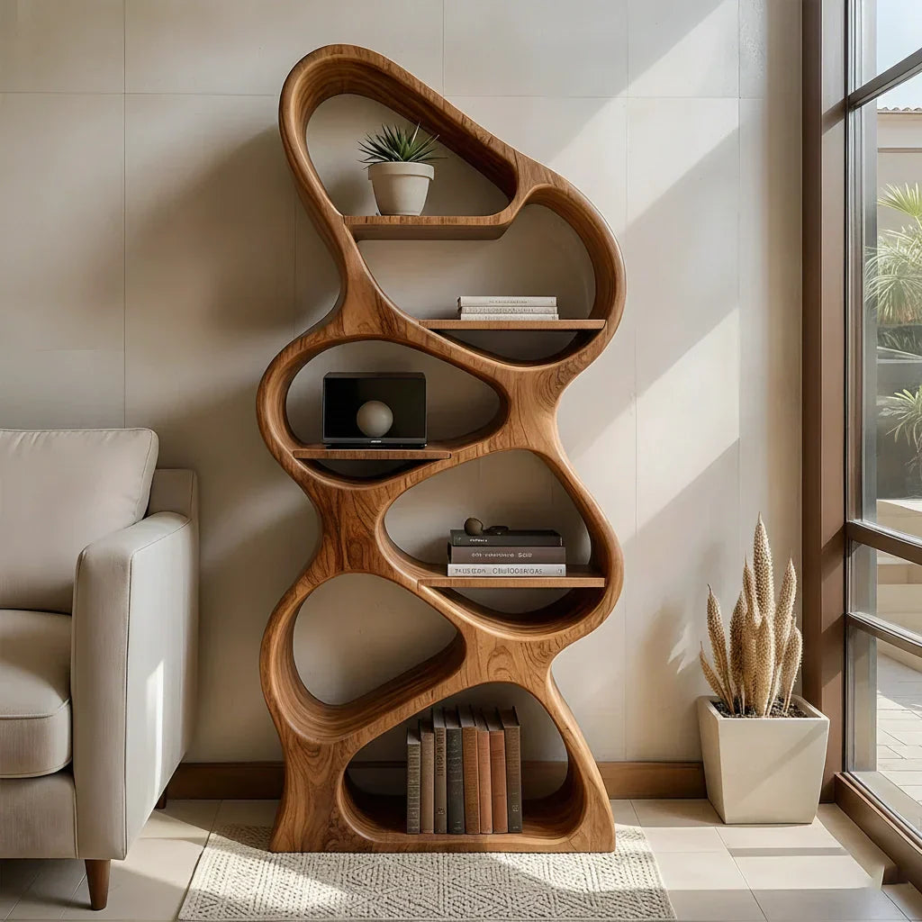 Sculpted Solid Wood Bookshelf – Vertical Organic Form - Rustirawood