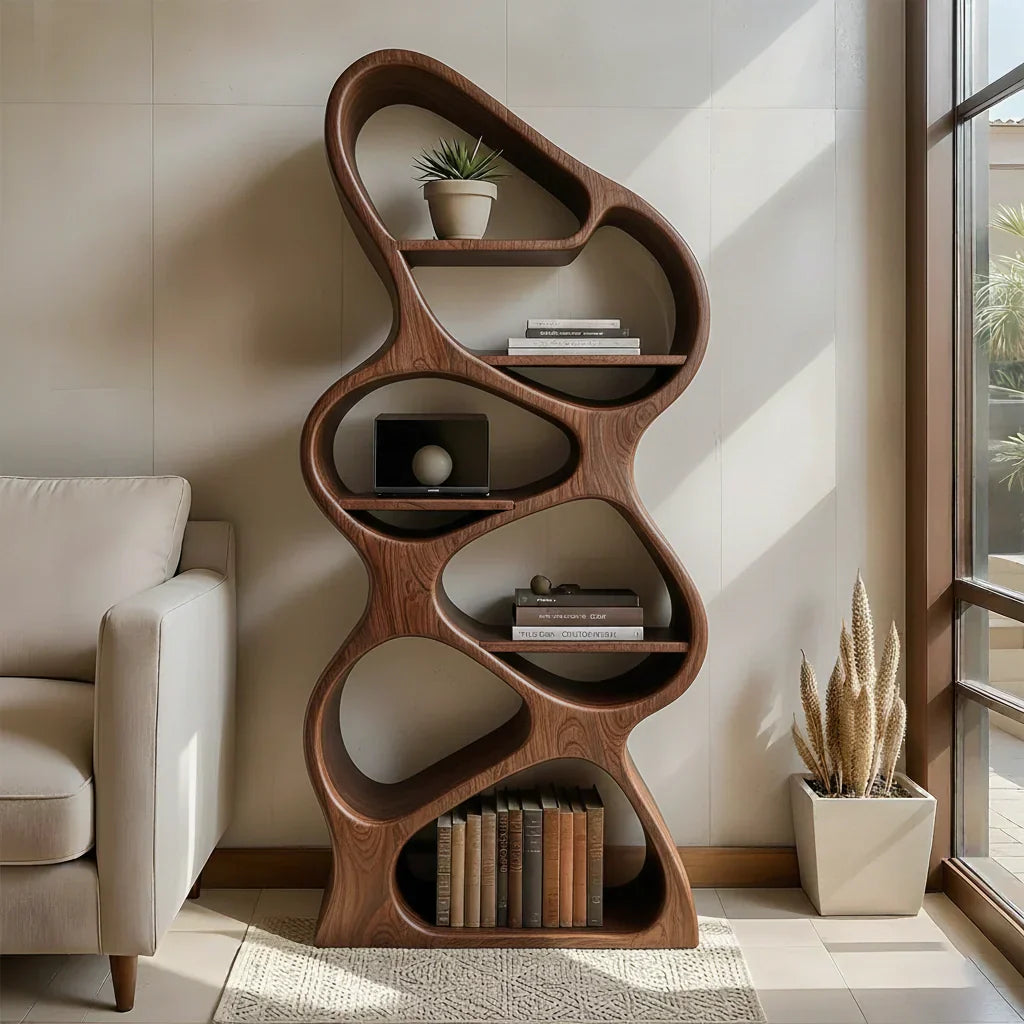 Sculpted Solid Wood Bookshelf – Vertical Organic Form - Rustirawood