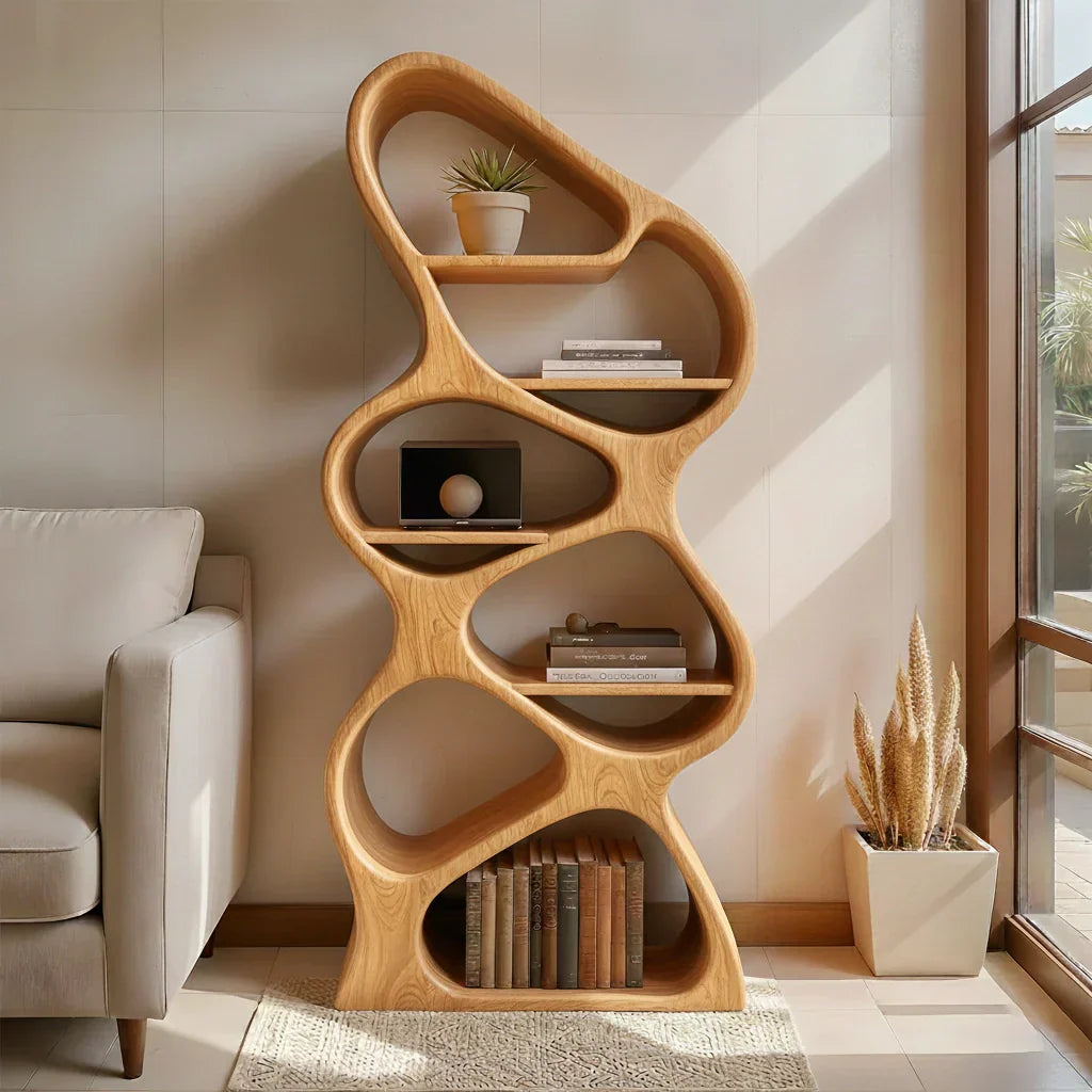 Sculpted Solid Wood Bookshelf – Vertical Organic Form - Rustirawood