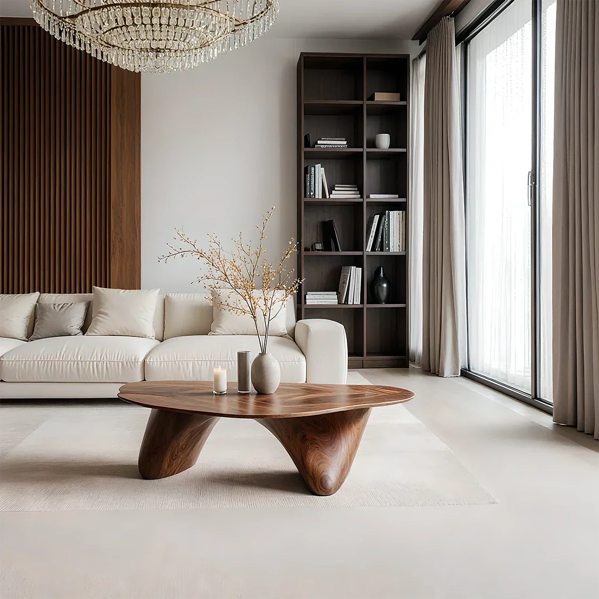 Sculpted Solid Wood Coffee Table – Soft Curved Base & Minimalist Form - Rustirawood
