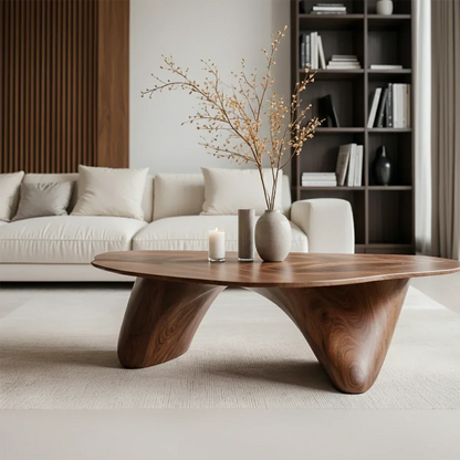 Sculpted Solid Wood Coffee Table – Soft Curved Base & Minimalist Form - Rustirawood