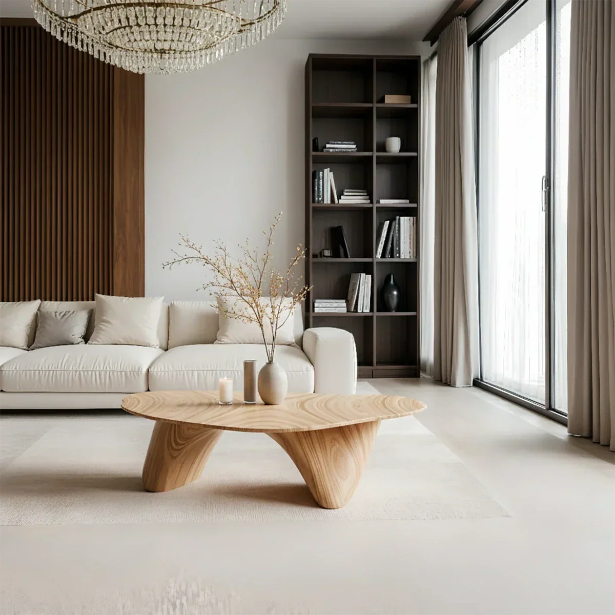 Sculpted Solid Wood Coffee Table – Soft Curved Base & Minimalist Form - Rustirawood