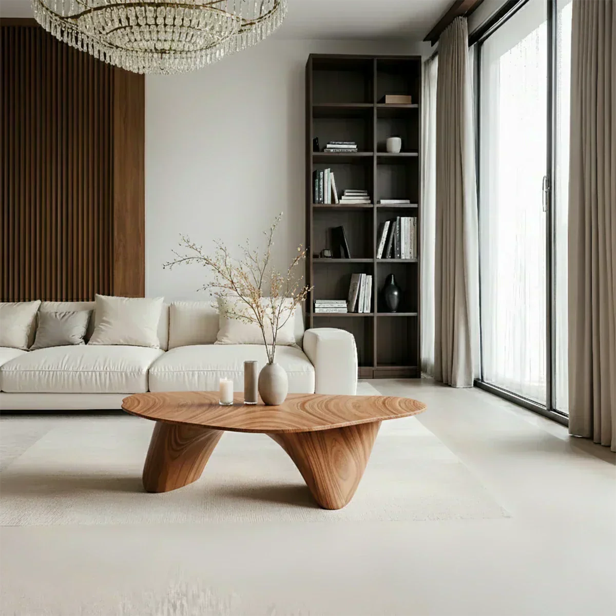 Sculpted Solid Wood Coffee Table – Soft Curved Base & Minimalist Form - Woodenecho