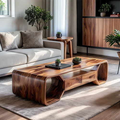 Sculpted Solid Wood Coffee Table With Storage – Modern Curved Form - Rustirawood