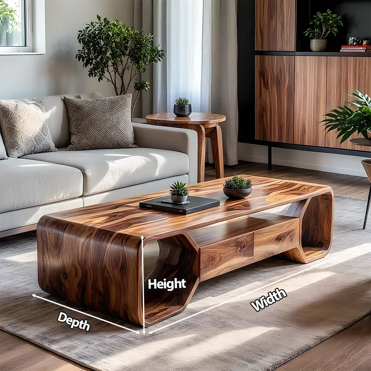 Sculpted Solid Wood Coffee Table With Storage – Modern Curved Form - Rustirawood