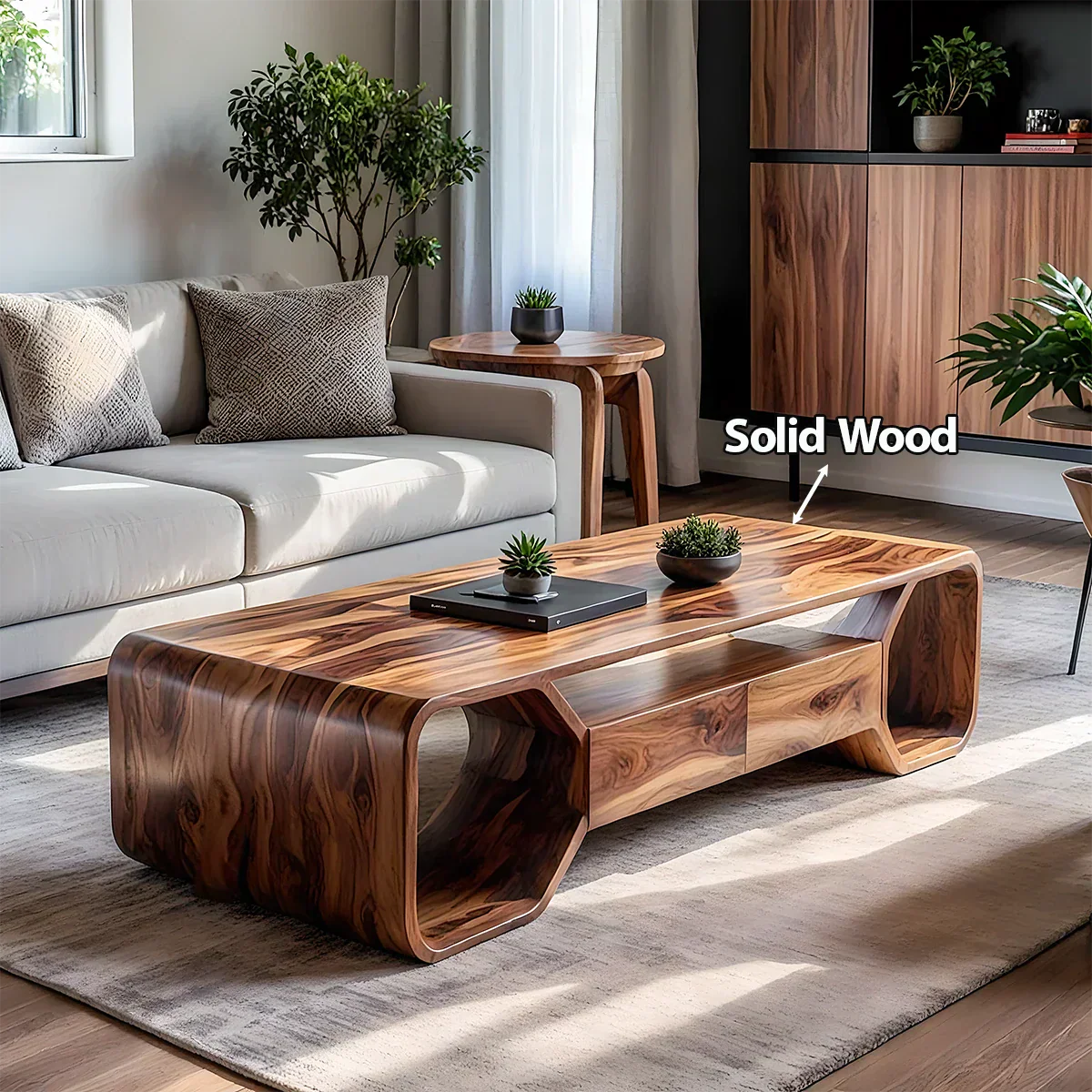 Sculpted Solid Wood Coffee Table With Storage – Modern Curved Form - Rustirawood