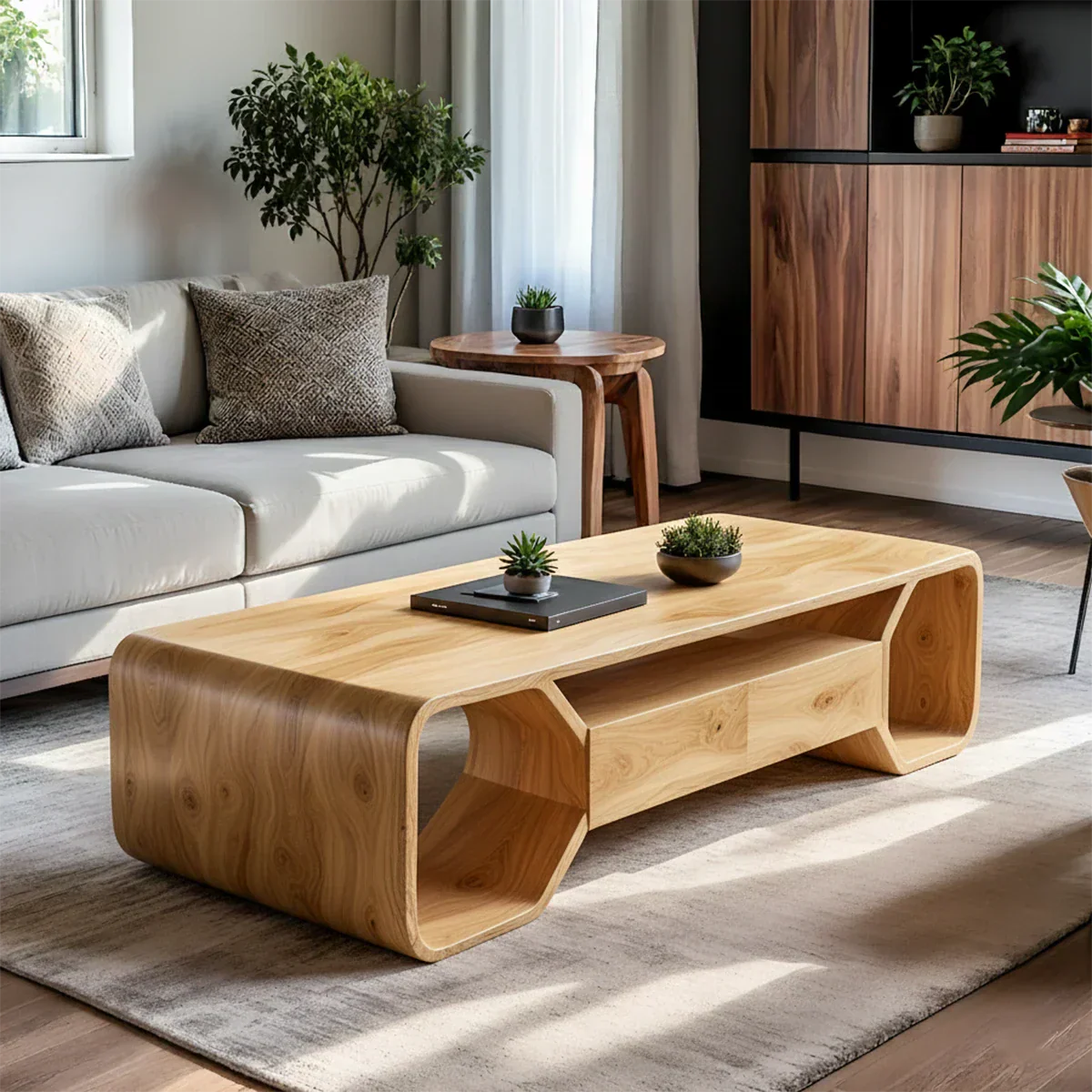 Sculpted Solid Wood Coffee Table With Storage – Modern Curved Form - Rustirawood