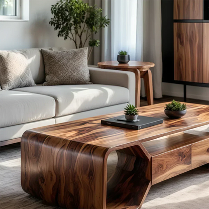 Sculpted Solid Wood Coffee Table With Storage – Modern Curved Form - Woodenecho