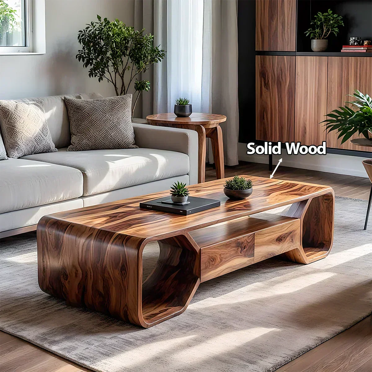 Sculpted Solid Wood Coffee Table With Storage – Modern Curved Form - Woodenecho