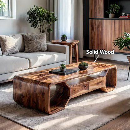Sculpted Solid Wood Coffee Table With Storage – Modern Curved Form - Woodenecho