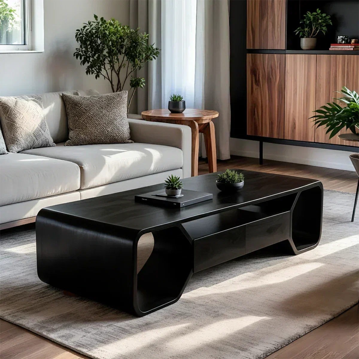 Sculpted Solid Wood Coffee Table With Storage – Modern Curved Form - Woodenecho
