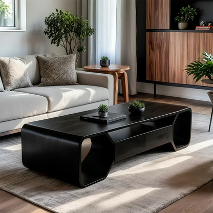 Sculpted Solid Wood Coffee Table With Storage – Modern Curved Form - Woodenecho