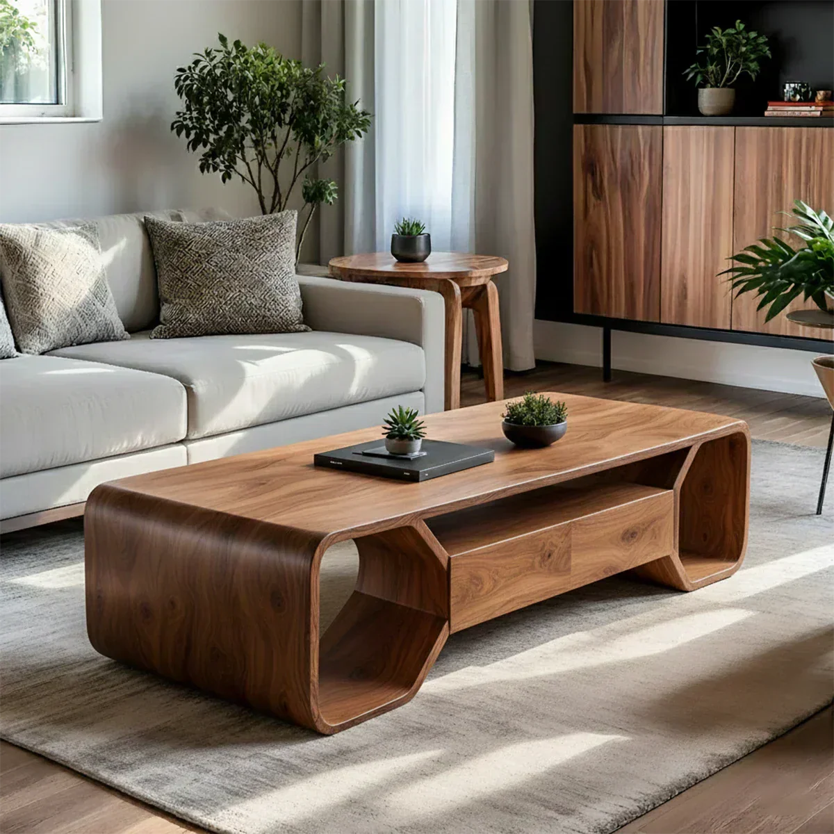 Sculpted Solid Wood Coffee Table With Storage – Modern Curved Form - Woodenecho