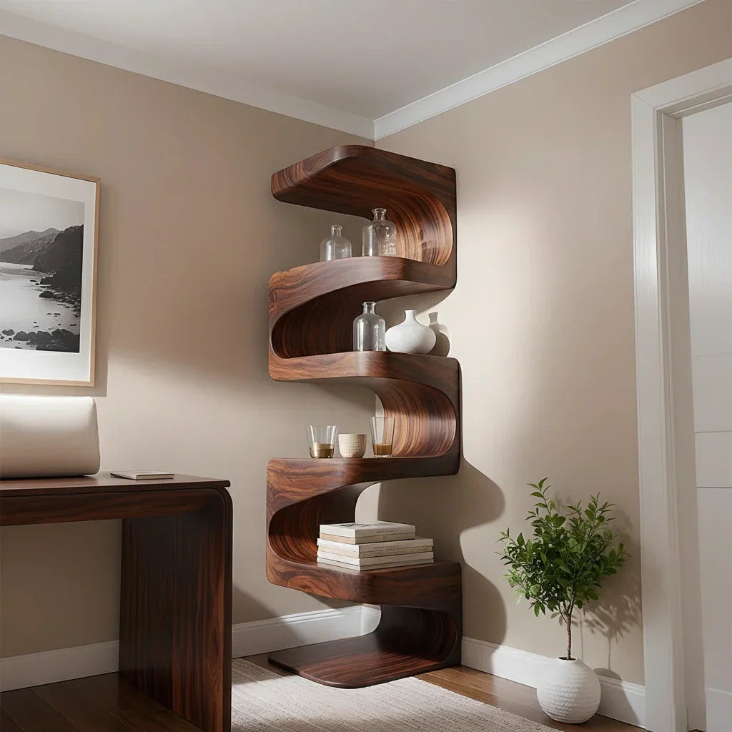 Sculpted Solid Wood Corner Bookshelf – Flow Form Edition - Rustirawood
