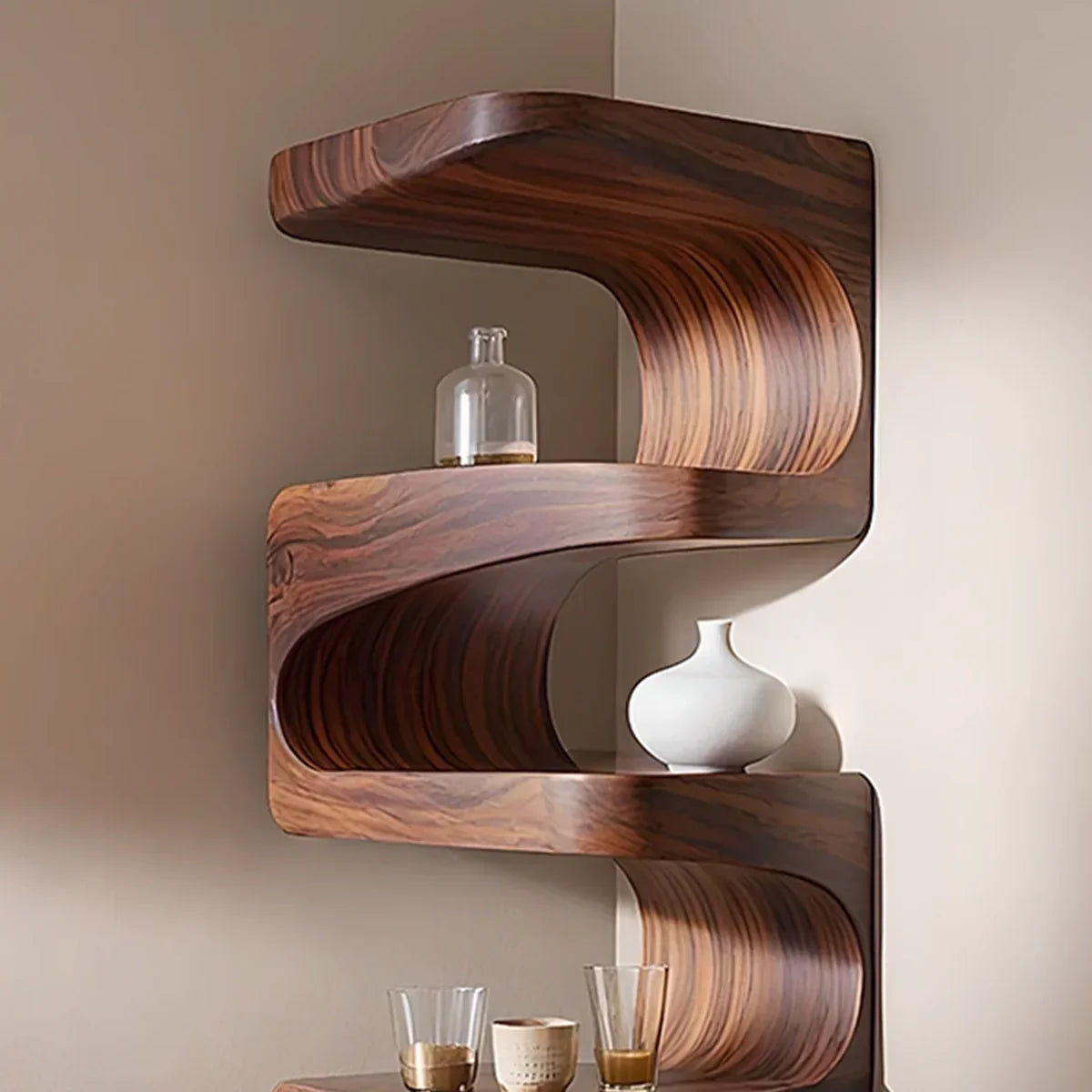 Sculpted Solid Wood Corner Bookshelf – Flow Form Edition - Rustirawood