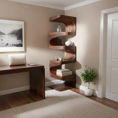 Sculpted Solid Wood Corner Bookshelf – Flow Form Edition - Rustirawood