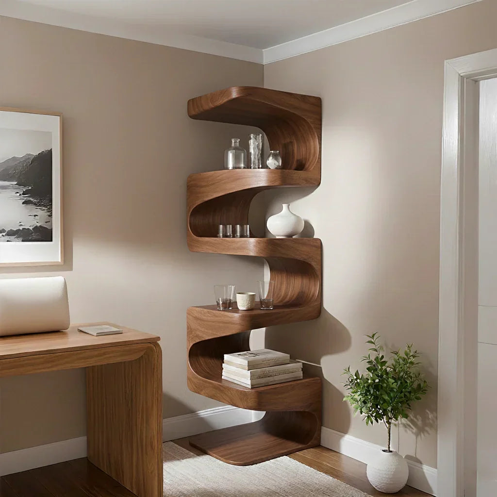 Sculpted Solid Wood Corner Bookshelf – Flow Form Edition - Rustirawood