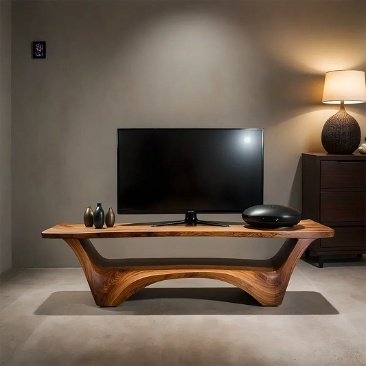 Sculpted Solid Wood TV Stand – Modern Curved Minimalist Design - Rustirawood