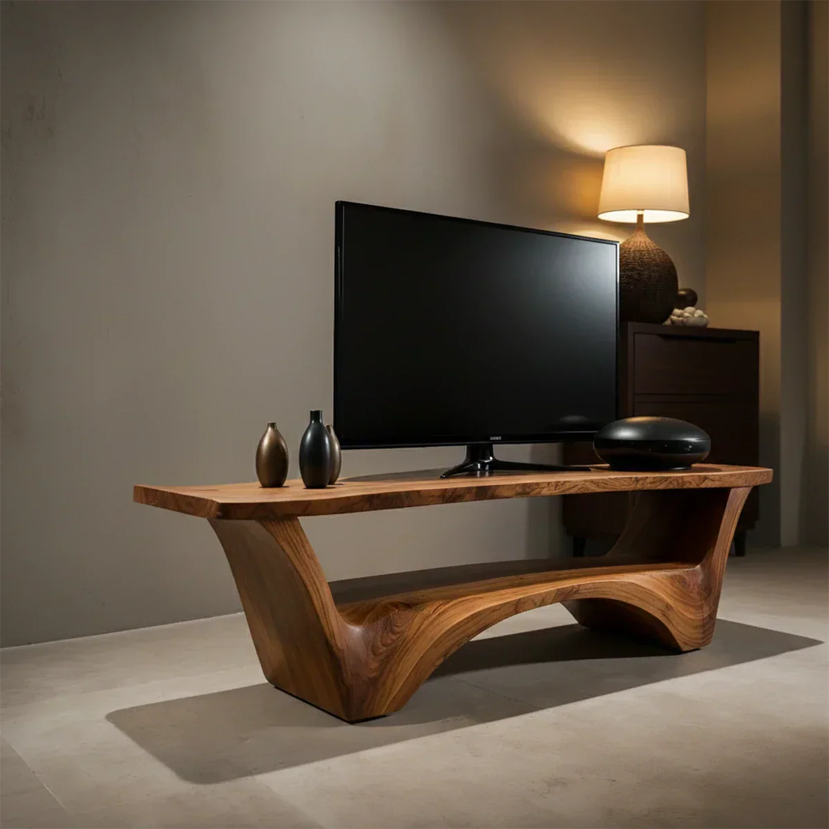 Sculpted Solid Wood TV Stand – Modern Curved Minimalist Design - Rustirawood