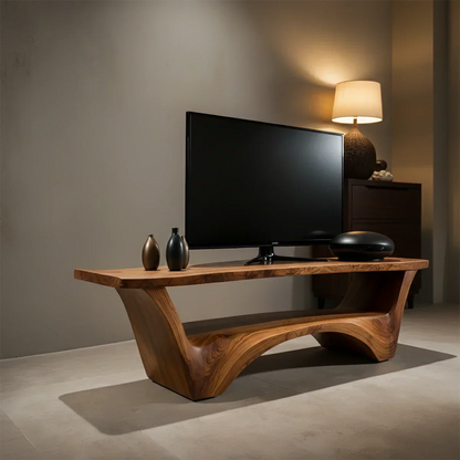 Sculpted Solid Wood TV Stand – Modern Curved Minimalist Design - Rustirawood