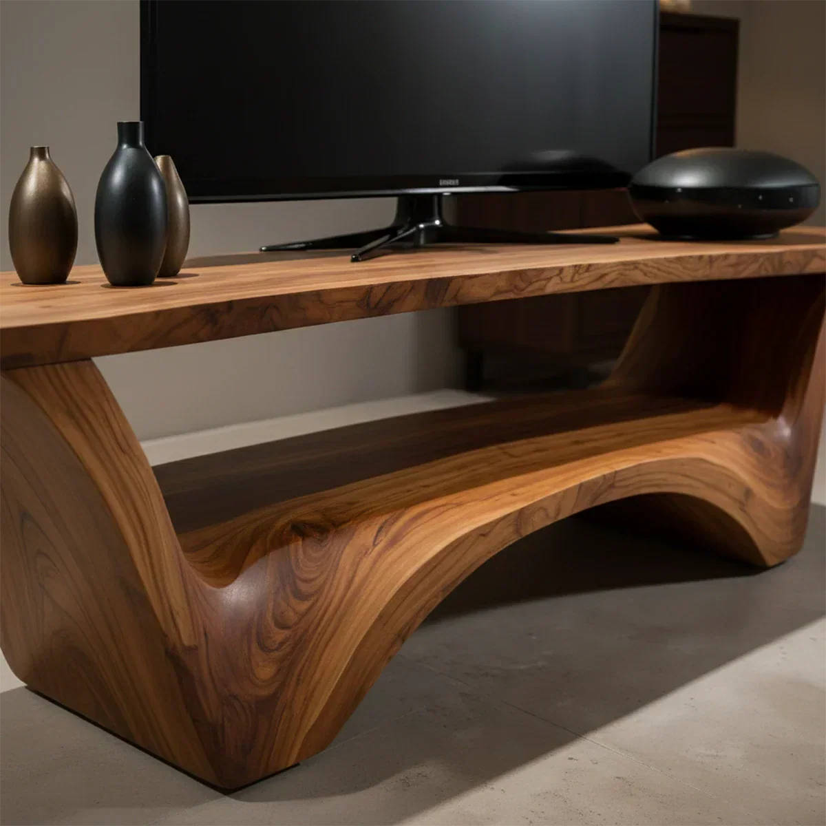 Sculpted Solid Wood TV Stand – Modern Curved Minimalist Design - Rustirawood