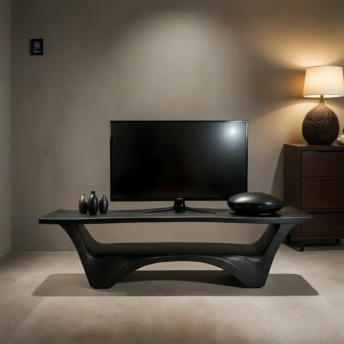 Sculpted Solid Wood TV Stand – Modern Curved Minimalist Design - Rustirawood