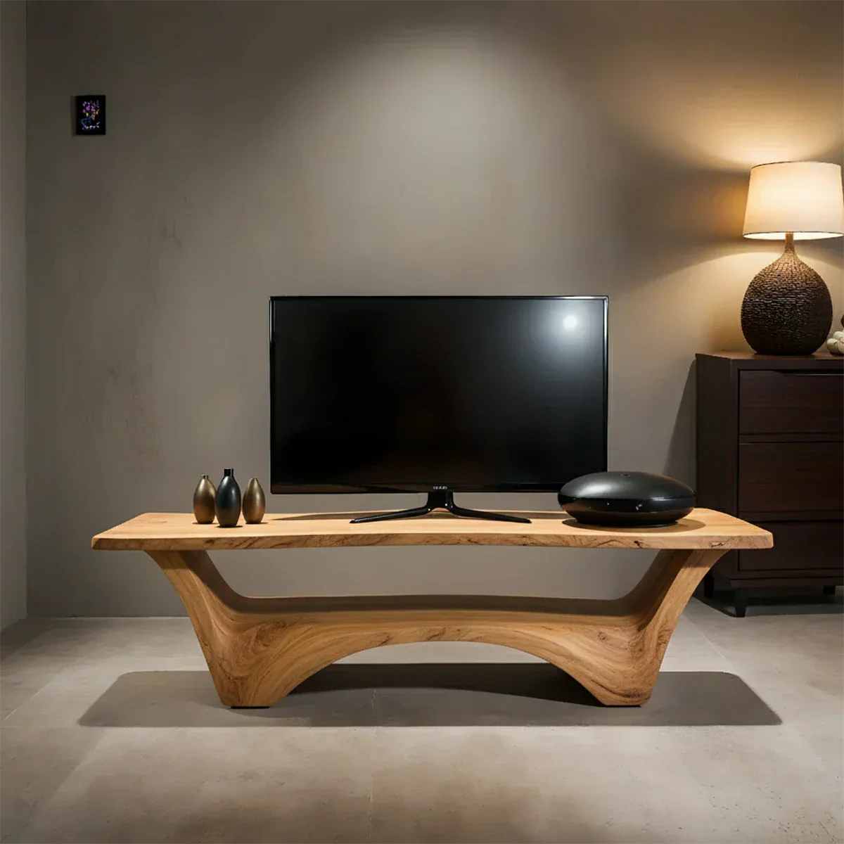 Sculpted Solid Wood TV Stand – Modern Curved Minimalist Design - Rustirawood
