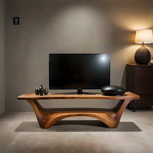 Sculpted Solid Wood TV Stand – Modern Curved Minimalist Design - Woodenecho
