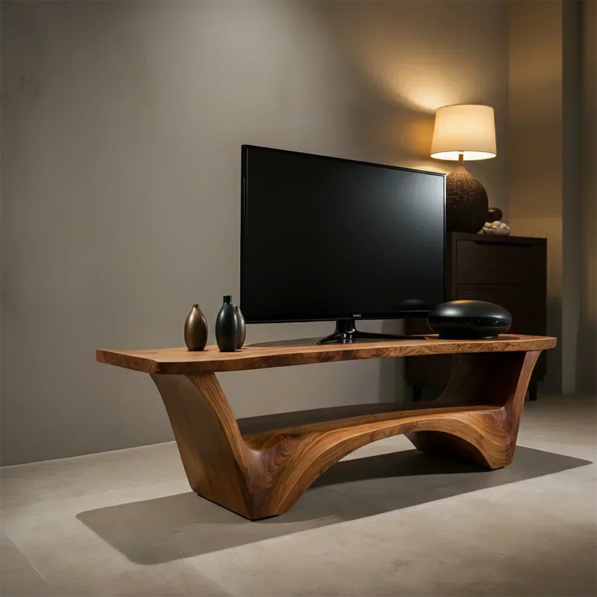 Sculpted Solid Wood TV Stand – Modern Curved Minimalist Design - Woodenecho